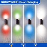 LED wall light with RGB+W 6000K color changing capabilities on a grassy background at switchtoled.