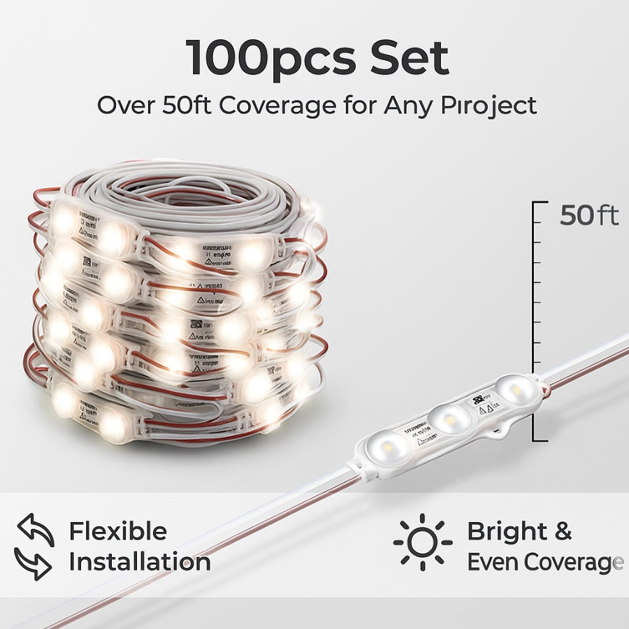 Roll of led module lights with packaging and measurement details on a light gray background