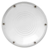 Round white light canopy fixture with metallic edges on a white background