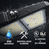 commercial led flood light with waterproof rating, UL certification, and DLC premium labels on a dark background.