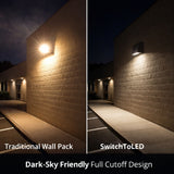 Comparison of traditional wall pack and SwitchToLED outdoor lighting fixtures on a building exterior.