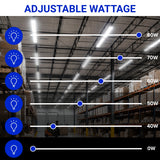 Warehouse interior with adjustable wattage lighting diagram on a white background