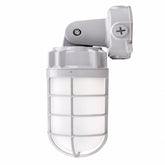 Front view of 21W vapor tight LED jelly jar light with protective cage, 2562 lumens, 5000K daylight, and IP65 waterproof construction.