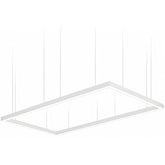 SwitchToLED white rectangular LED linear pendant light suspended from ceiling.