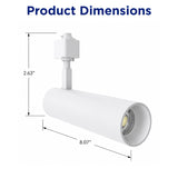 Dimension diagram of the white 10W/15W/20W LED track light measuring 8.07 inches long for commercial installations.