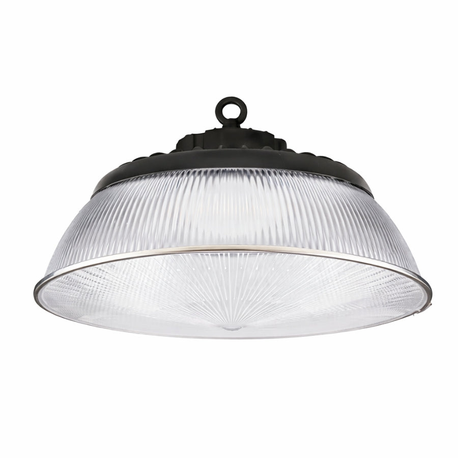 acrylic high bay reflector for Ceiling light fixture with black frame and clear glass shade on a white background