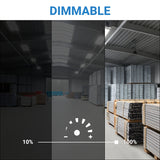 Comparison of a dimly lit warehouse versus a well-lit warehouse with 'DIMMABLE' text above.