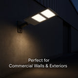 Street light on a wall with text 'Perfect for Commercial Walls & Exteriors' in a dark setting.