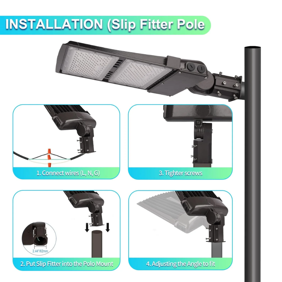 Step-by-step installation guide for a street light with slip filter pole on a white background.