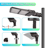 Step-by-step installation guide for a street light with slip filter pole on a white background.