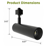 Dimension diagram of the black 10W/15W/20W LED track light measuring 8.07 inches long and 2.63 inches high.