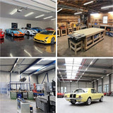Collage of a car showroom with various cars and a workshop. commercial use applications for led tubes
