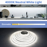 Kitchen scene with LED strip light highlighting 4000K neutral white light and dimmable feature.