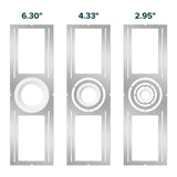 Three circular components with measurements labeled above each, on a white background.