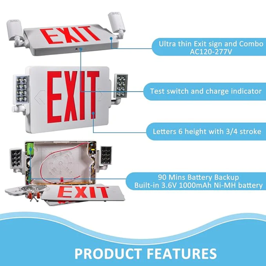 Exit sign with features highlighted on a white background
