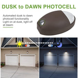 Dusk to dawn photocell light fixture with installation examples on a house exterior.