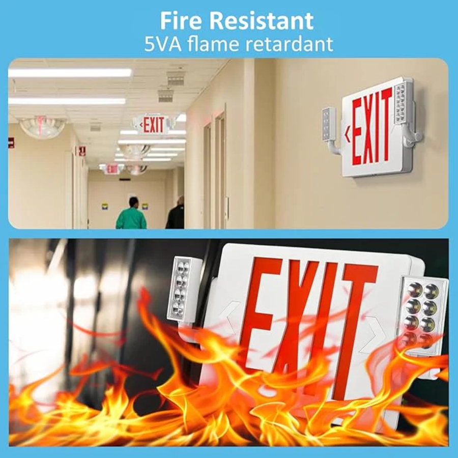Fire-resistant exit sign with flame retardant feature in a hallway setting.