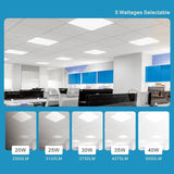 Modern office interior with ceiling lights and wattage options displayed below.
