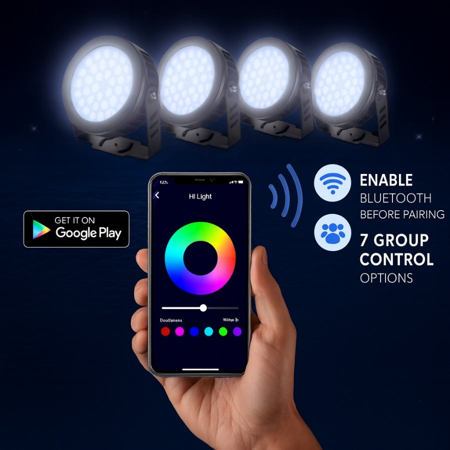 Smart light control system with smartphone app and four LED lights on a dark background