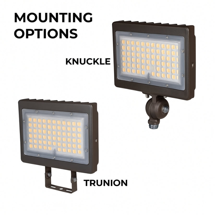 Two LED flood lights with knuckle and trunion mounting options on a white background.