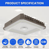 Ceiling light fixture with product specifications on a white background