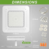 Ceiling light fixture with dimensions and components on a gray background