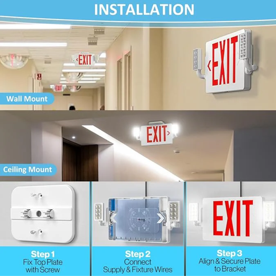 Installation guide for exit signs showing different mounting options and steps.
