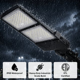 IP65 waterproof LED parking lot light operating in heavy rain with durable industrial-grade build