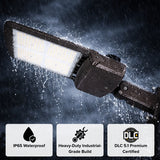 IP65 waterproof LED shoebox parking lot light operating in rain with durable die-cast aluminum housing