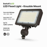 LED flood light with knuckle mount on a white background, featuring SwitchToLED branding.