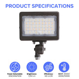 LED flood light specifications showing selectable wattage 30W 40W 50W, 7250 lumens brightness, 140 lm/W efficiency and selectable color temperature