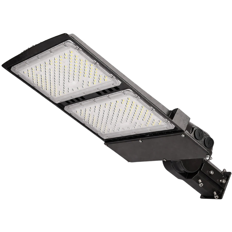 300W LED parking lot light with dual-panel LED head and slip fitter mount in black housing