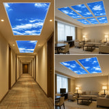 LED sky panel ceiling lights installed in hotel hallway and living room spaces creating natural daylight sky effect