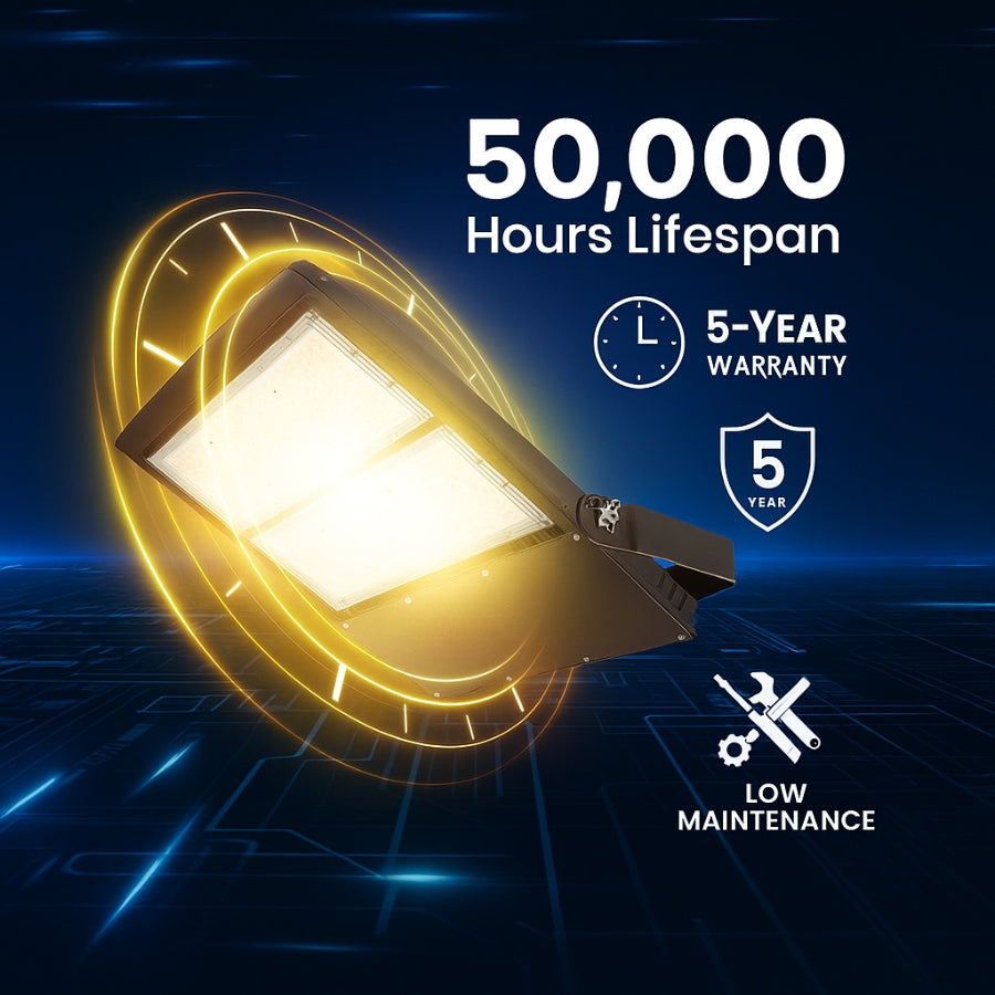 LED light bulb with lifespan and warranty information on a dark background