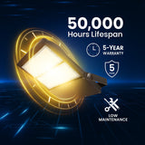 LED light bulb with lifespan and warranty information on a dark background