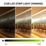 Demonstration of COB LED strip light dimming in a dining room setting with a progress bar showing light intensity.