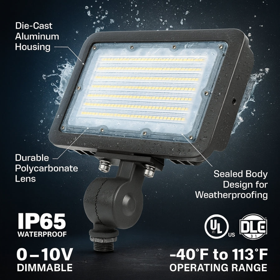 LED flood light with features highlighted on a dark background