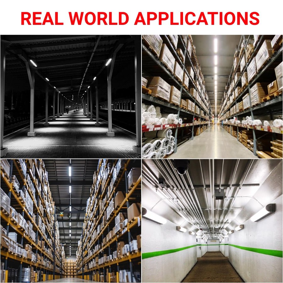 Collage of warehouse interior scenes with text 'Real World Applications' at the top.