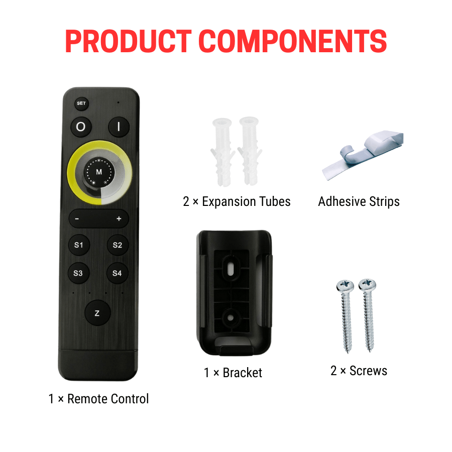 switchtoled led light strips with remote control remote components like screws, bracket, adhesive strips, expansion tubes