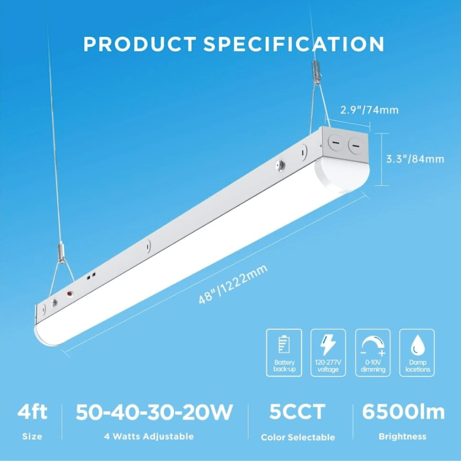 LED linear light fixture with dimensions and specifications on a blue background