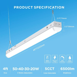 LED linear light fixture with dimensions and specifications on a blue background