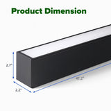Rectangular black light fixture with dimensions labeled on a white background