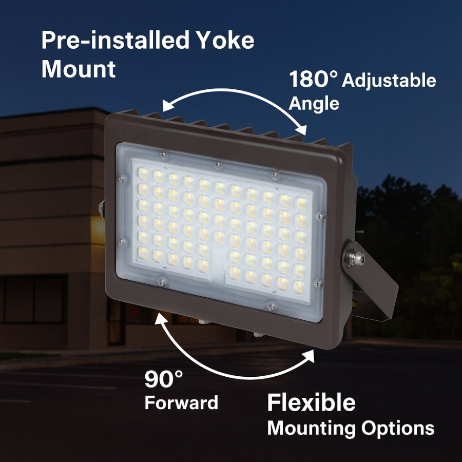 LED flood light with adjustable features on a dark background