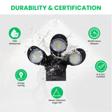 LED light fixture with durability and certification features on a white background, led security motion sensor outdoor lights 30w