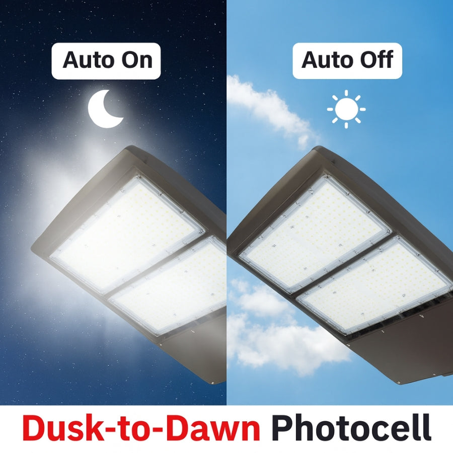 Two LED floodlights showing 'Auto On' during night and 'Auto Off' during day with 'Dusk-to-Dawn Photocell' text.