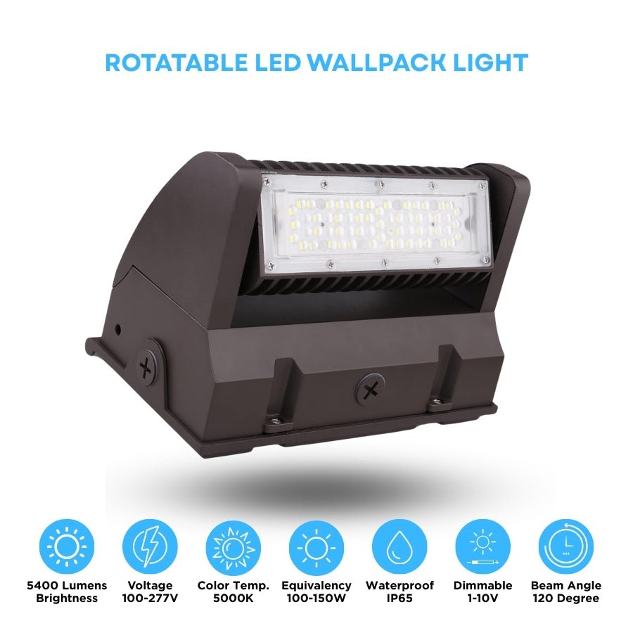 Rotatable LED wallpack light with specifications on a white background at switchtoled