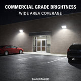 Commercial building with LED lights illuminating a parking area, featuring 'Commercial Grade Brightness' and 'Wide Area Coverage' text.