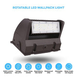 Rotatable LED wallpack light with specifications on a white background at switchtoled