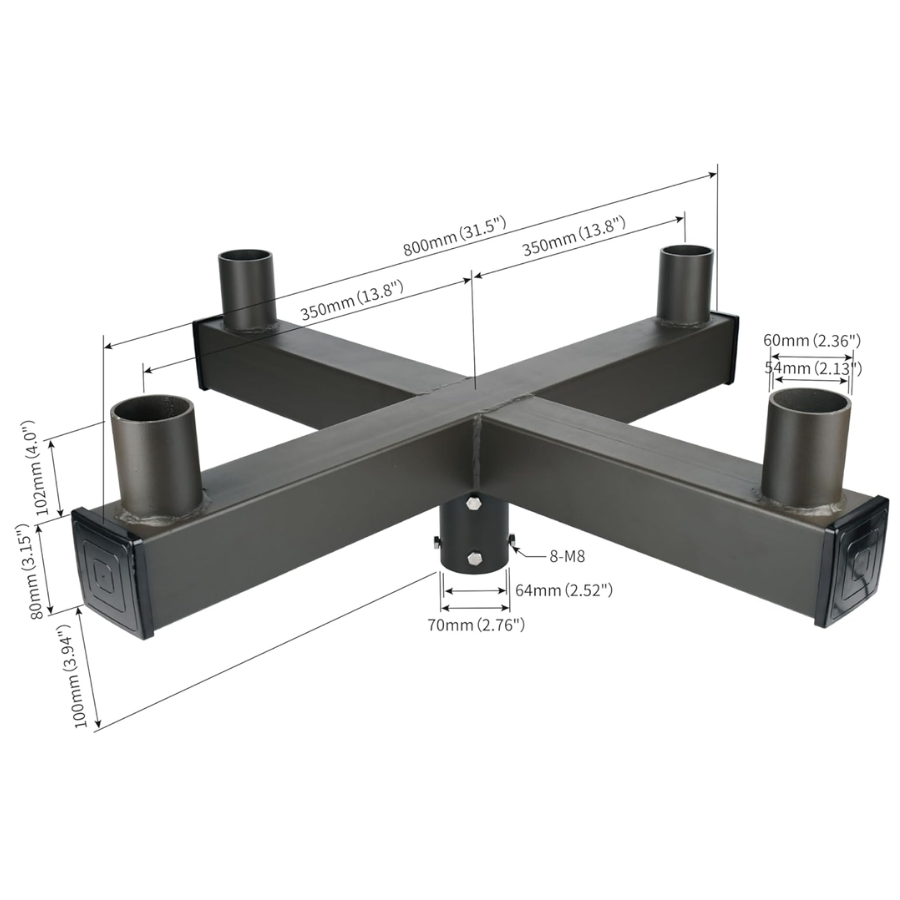 Black metal bracket with dimensions on a white background