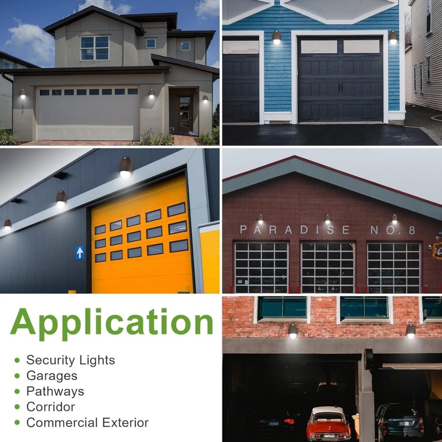 Collage of various garage doors and building exteriors with text on application for light wall packat switchtoled